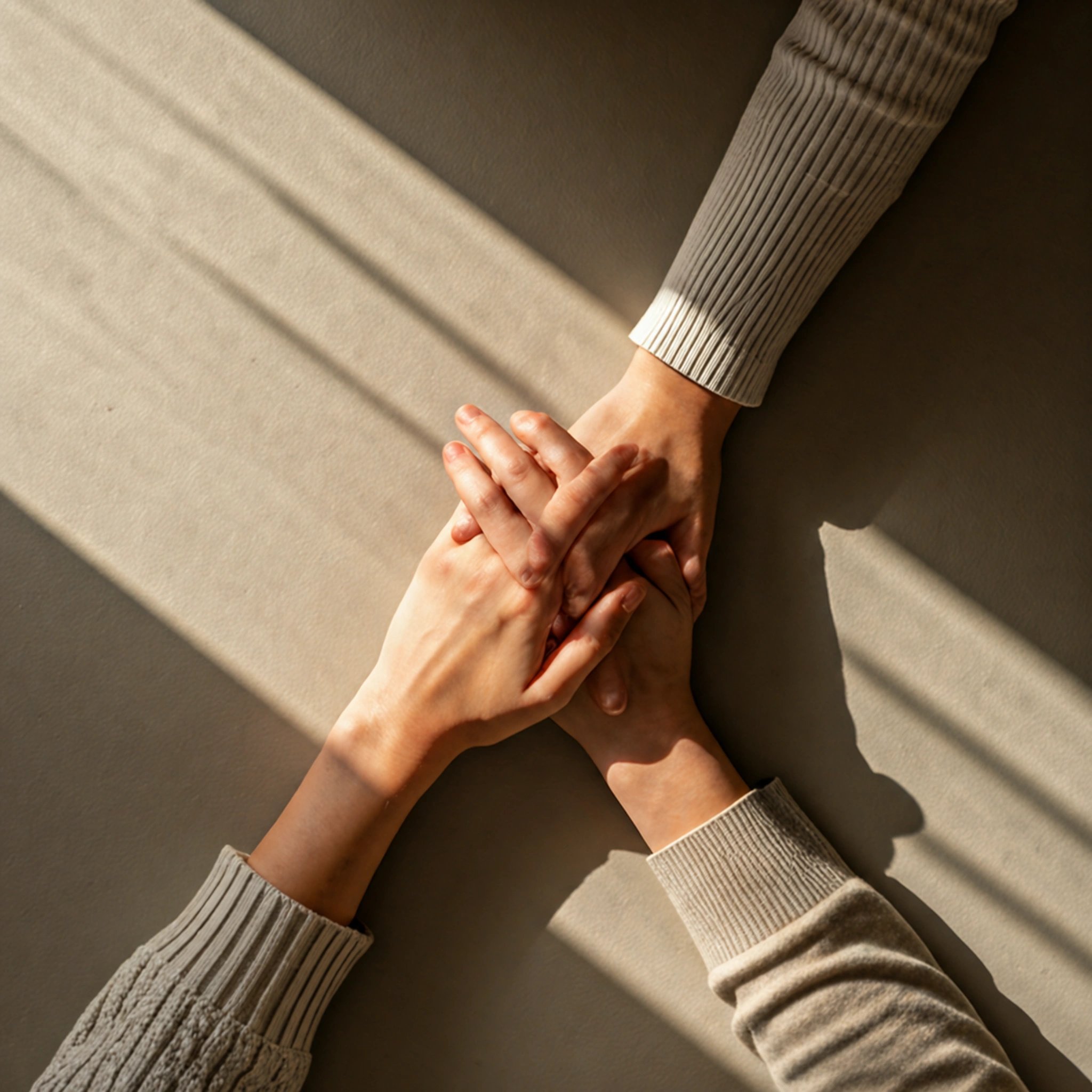 Two people's hands near each other on a soft linen surface