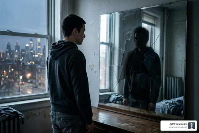 Person reflecting in a mirror representing the dual nature of trauma and addiction - 12 steps to healing trauma