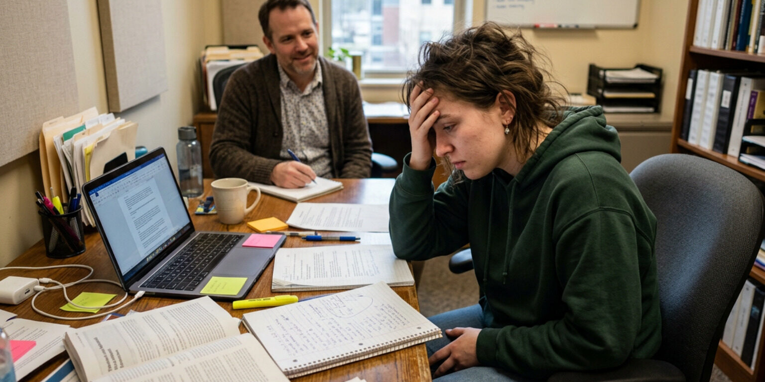 ADHD life coach session with person at desk looking overwhelmed