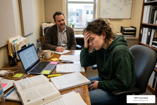 ADHD life coach session with person at desk looking overwhelmed