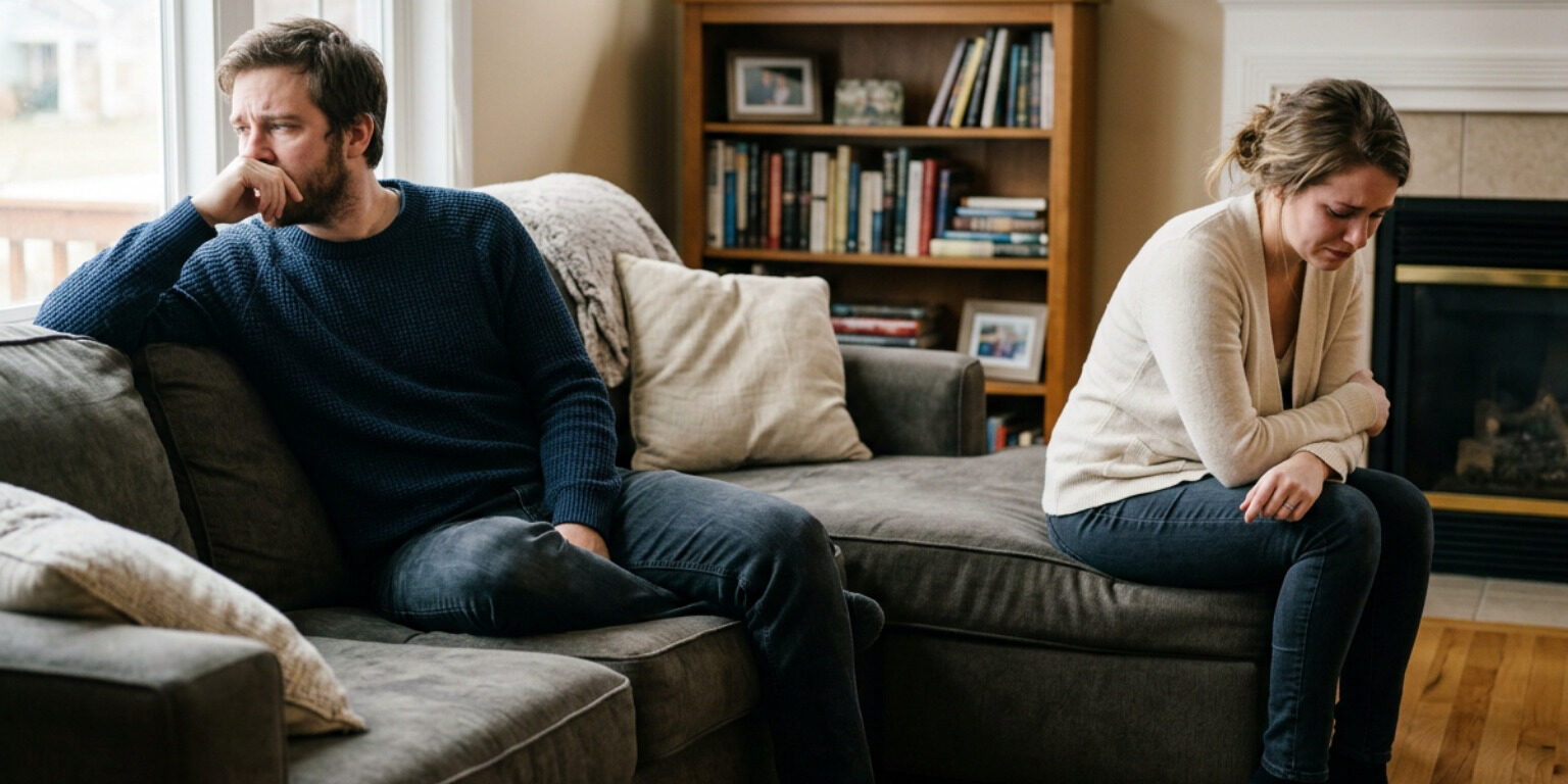 trust-restoration-survival-guide-image trust restoration couple sitting on couch looking distant emotional pain relationship crisis