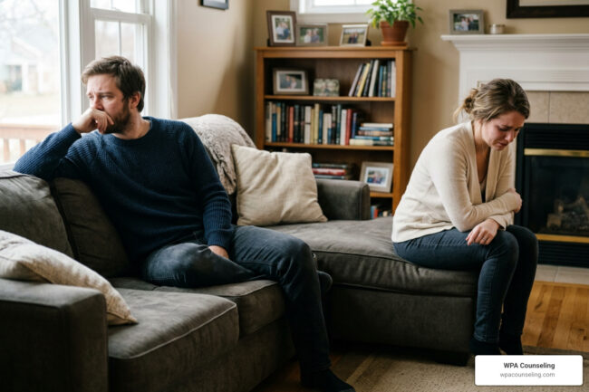 trust restoration couple sitting on couch looking distant emotional pain relationship crisis