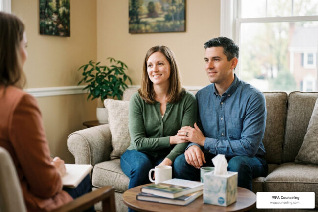 marriage help wexford pa couple talking warmly on couch