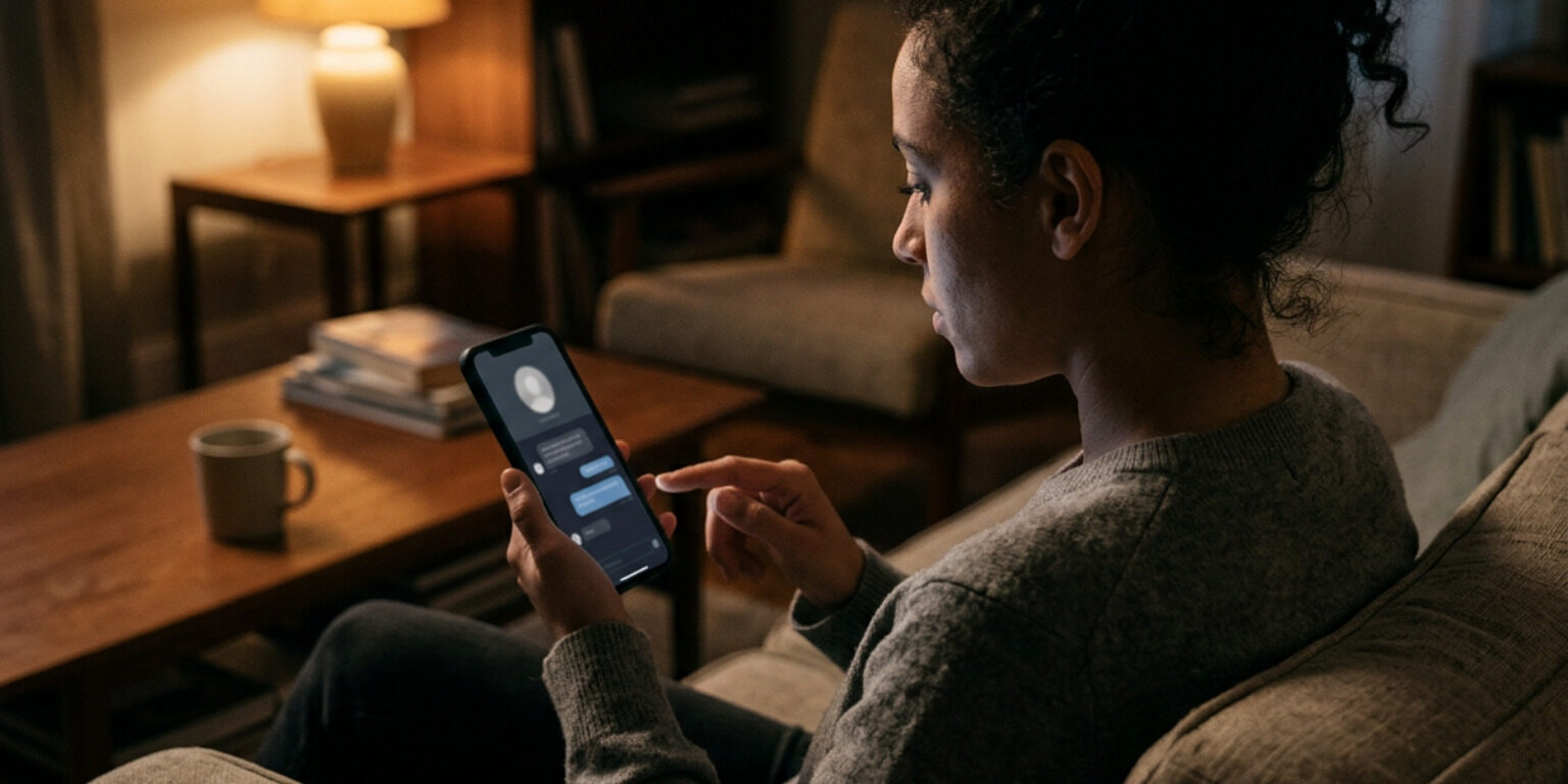 partner hiding phone screen displaying digital secrecy