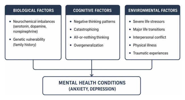 Diagram showing biological, cognitive, and environmental causes of mental health conditions