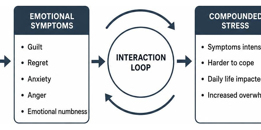 finding-your-way-back-after-loss-with-pa-grief-therapy-image Diagram showing how physical and emotional grief symptoms interact and compound stress