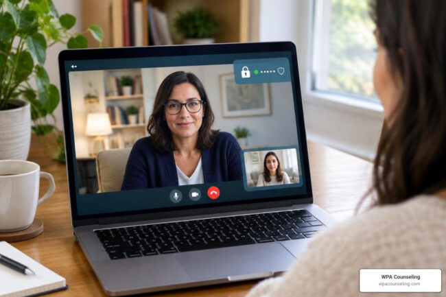 Encrypted telehealth software interface showing client privacy safeguards
