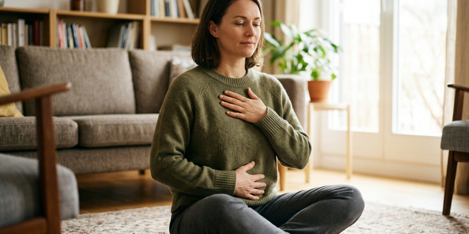 Person practicing a grounding somatic therapy exercise at home