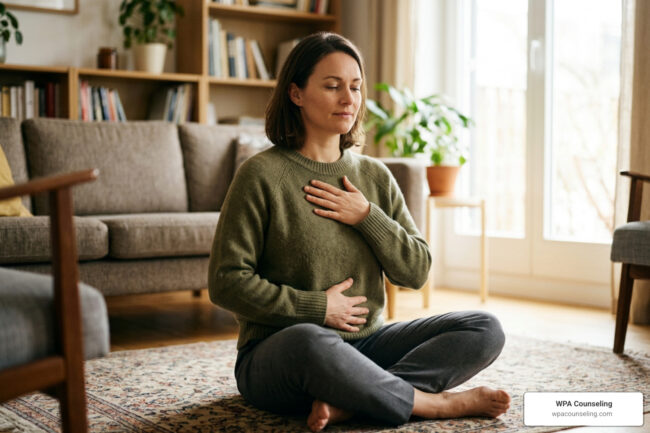 Person practicing a grounding somatic therapy exercise at home