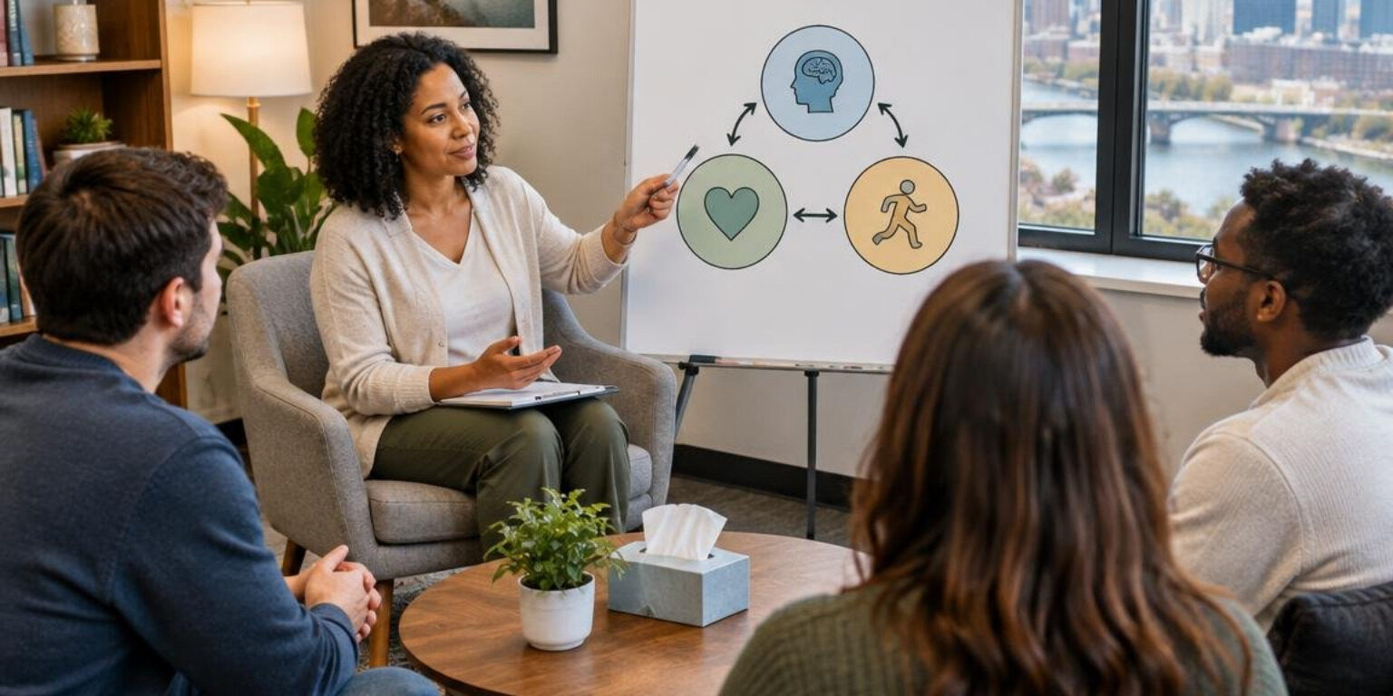 Cognitive behavioral therapy model illustrating thoughts, emotions, and behaviors