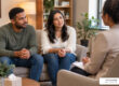 Couple sitting together in a calm counseling session with a therapist