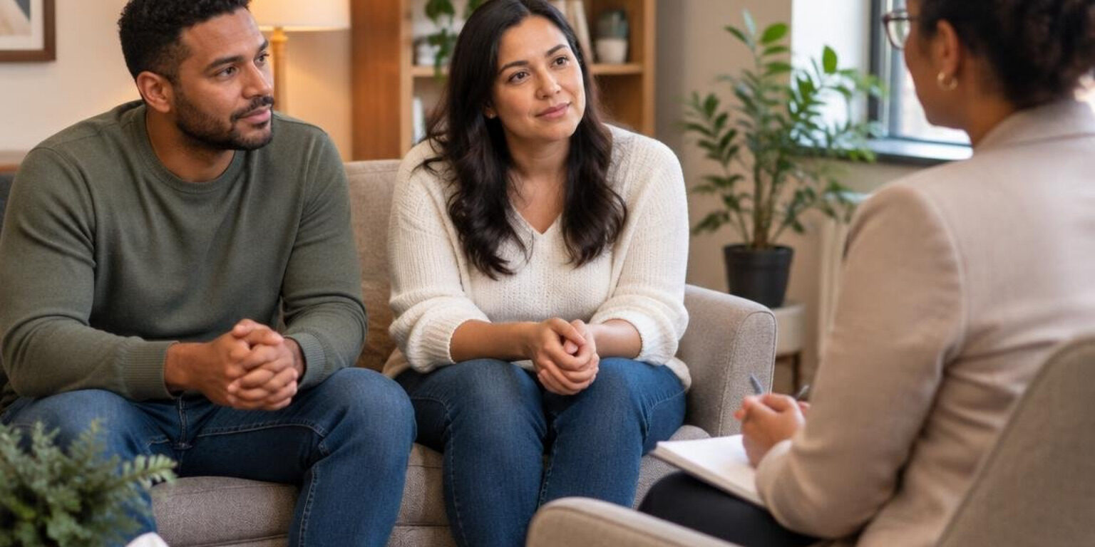 the-ultimate-guide-to-discernment-counseling-for-uncertain-couples-image Couple sitting together in a calm counseling session with a therapist