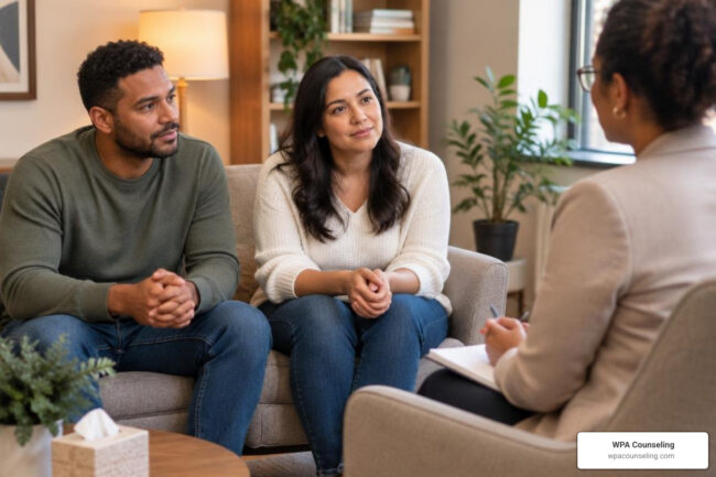 Couple sitting together in a calm counseling session with a therapist