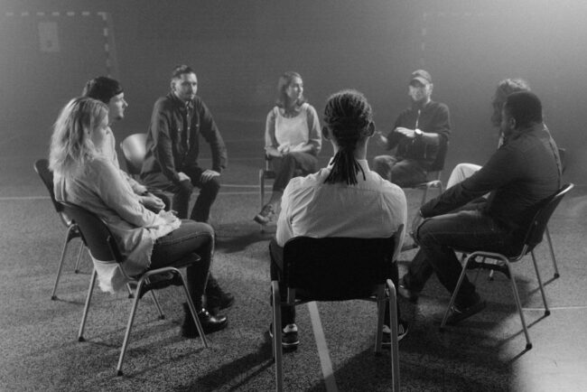 Small peer support group meeting in a welcoming Pittsburgh community space