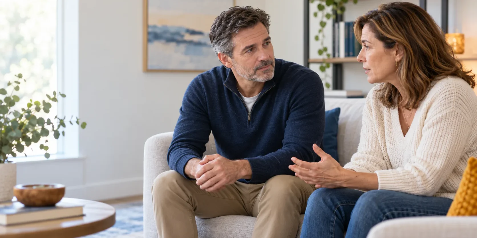 Adult sibling conflict counseling Two middle-aged adult siblings seated together in a calm room, listening during a serious conversation.