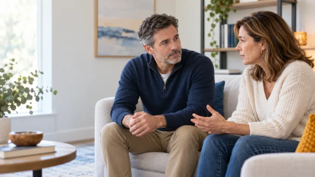 Two middle-aged adult siblings seated together in a calm room, listening during a serious conversation.