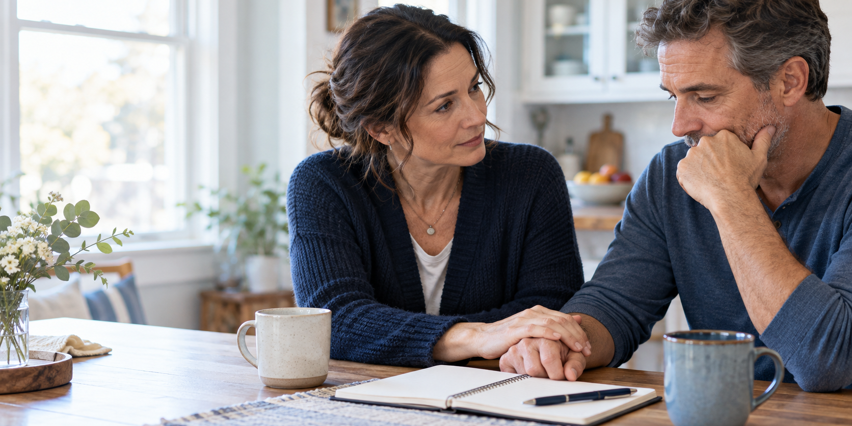Anticipatory Grief Support Two adults sitting together at a kitchen table, one offering a supportive hand during a difficult conversation.