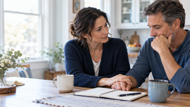 Two adults sitting together at a kitchen table, one offering a supportive hand during a difficult conversation.