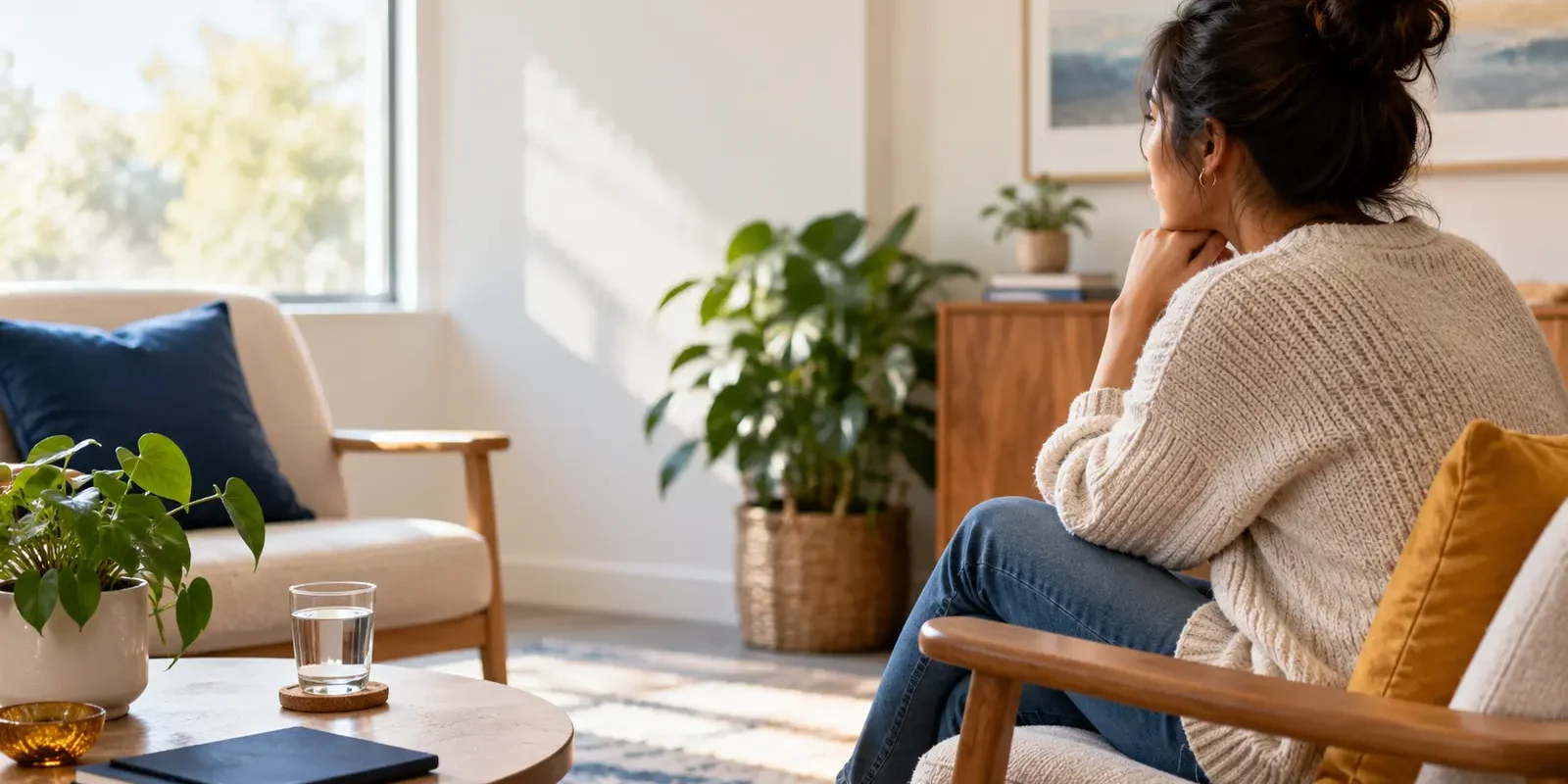 When Anxiety and Depression Happen Together Woman sitting in a sunlit living room, resting her chin on her hand and looking out the window in quiet thought