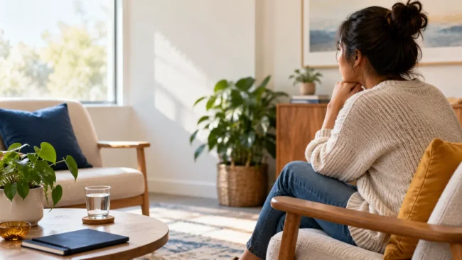 Woman sitting in a sunlit living room, resting her chin on her hand and looking out the window in quiet thought