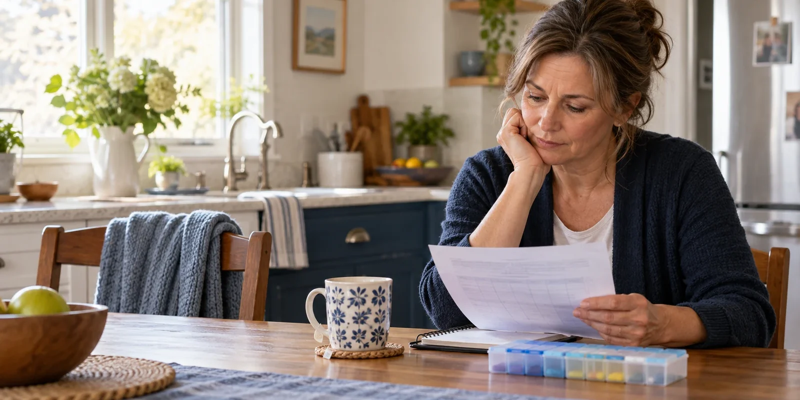 Caregiver burnout: caregiver reviewing a care schedule Caregiver burnout: a caregiver reviews a care schedule beside a medication organizer at a kitchen table