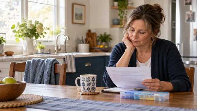 Caregiver burnout: a caregiver reviews a care schedule beside a medication organizer at a kitchen table