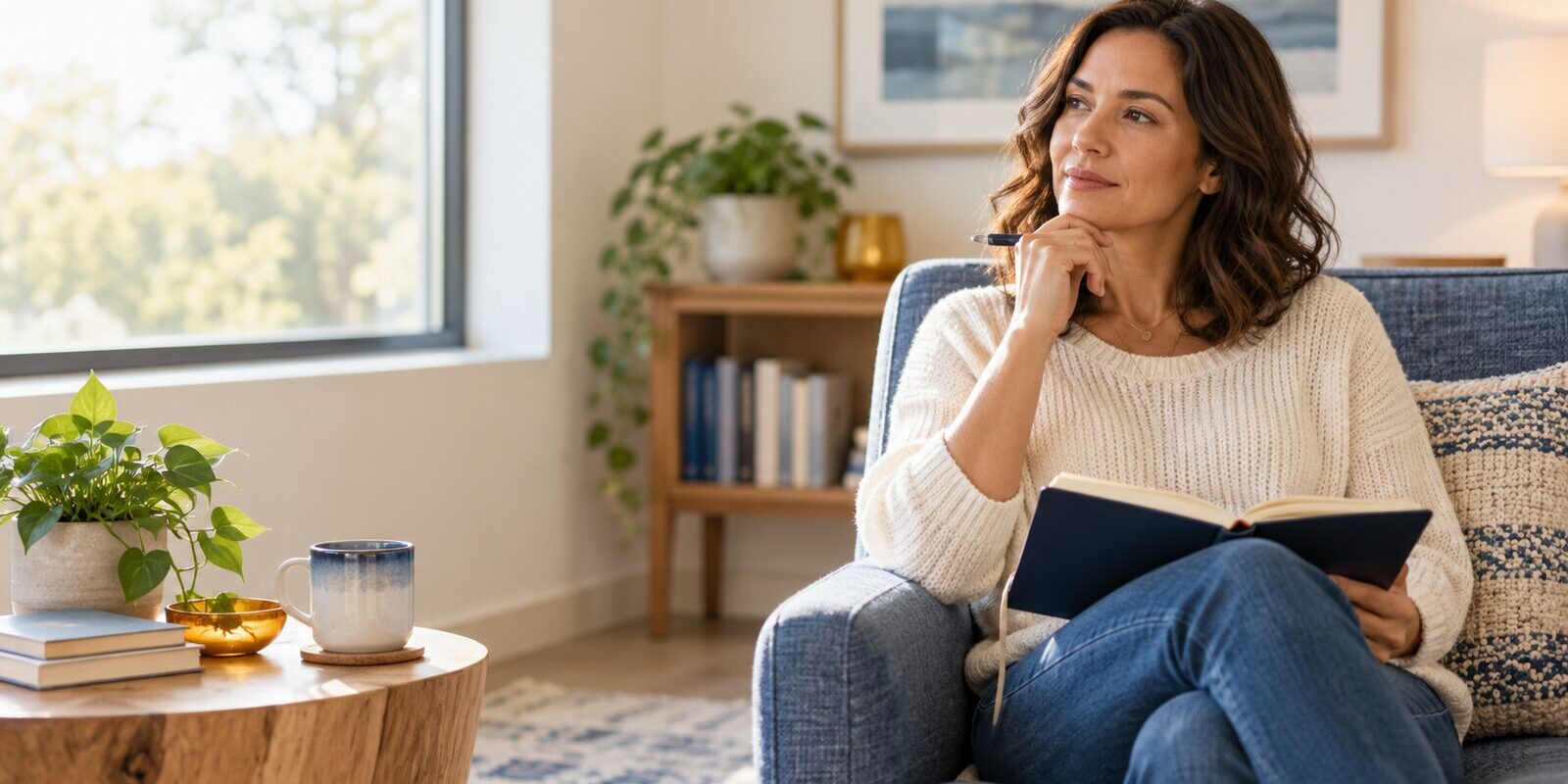 Adult sitting by a bright window with an open journal, reflecting calmly.