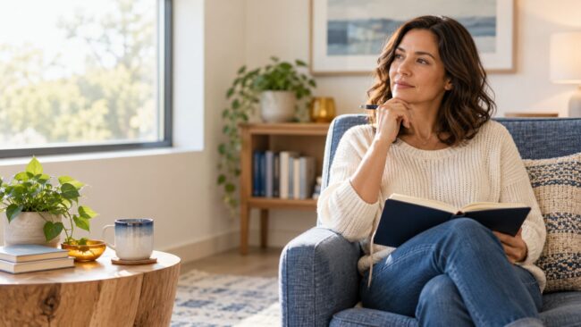 Childhood trauma in adults – reflective adult with journal Adult sitting by a bright window with an open journal, reflecting calmly.
