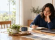 Adult writing thoughtfully at a table beside an empty chair, representing a solo first step toward relationship support.