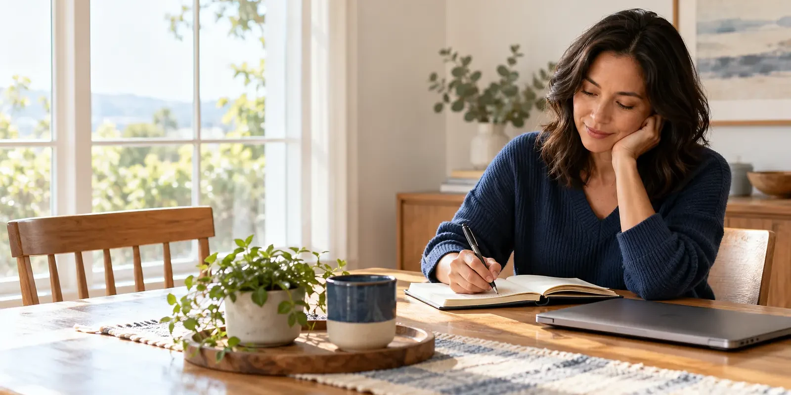 Adult writing thoughtfully at a table beside an empty chair, representing a solo first step toward relationship support.