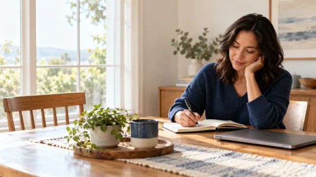 Adult writing thoughtfully at a table beside an empty chair, representing a solo first step toward relationship support.