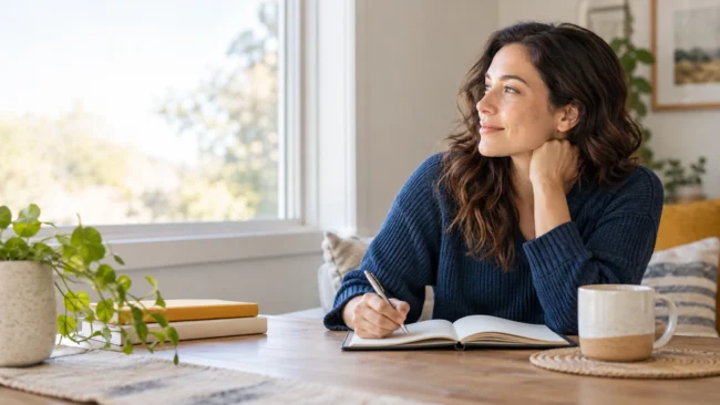 Adult writing in a notebook at a table while reflecting by a bright window.