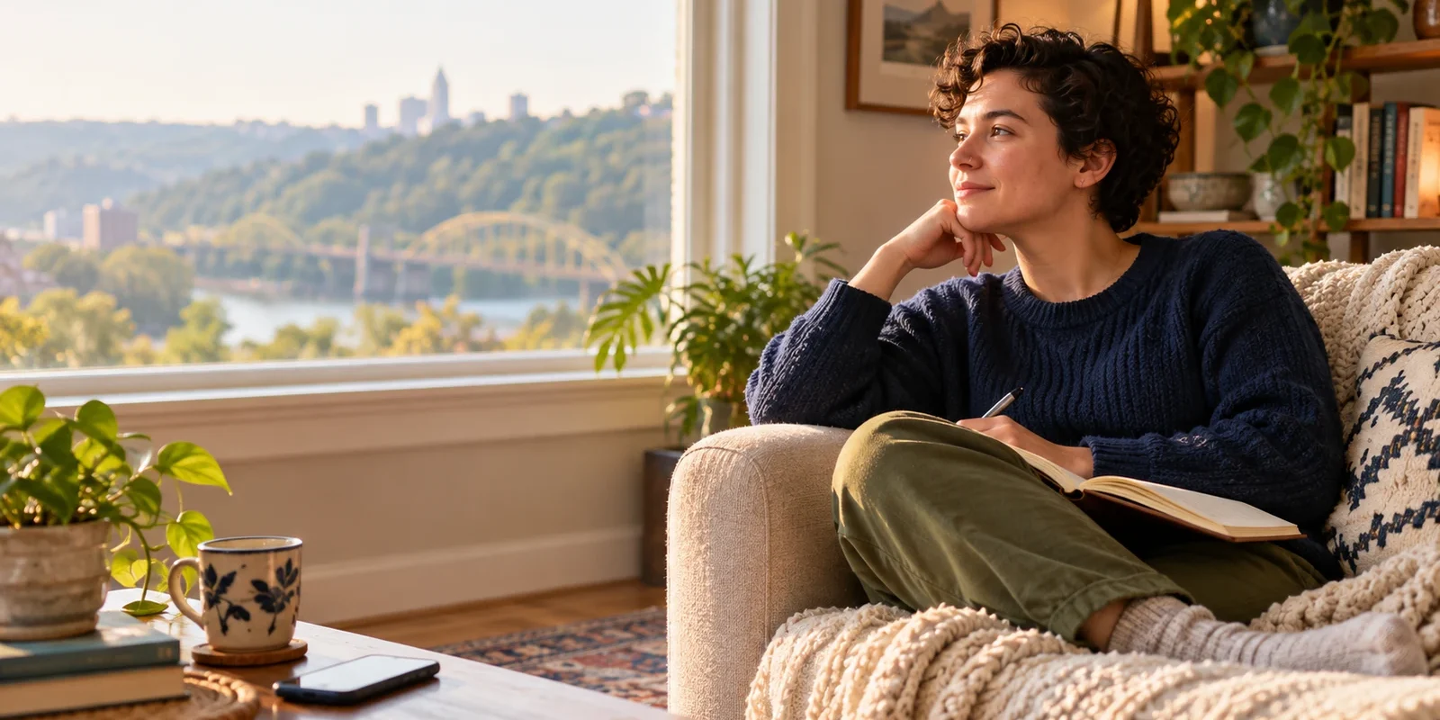 Emotional abuse or relationship conflict – reflecting on safe next steps Adult sitting by a sunlit window with a notebook and phone, reflecting in a calm home setting.