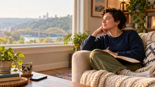 Adult sitting by a sunlit window with a notebook and phone, reflecting in a calm home setting.