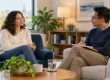 An adult client talks with a counselor in a calm office during an initial therapy session.