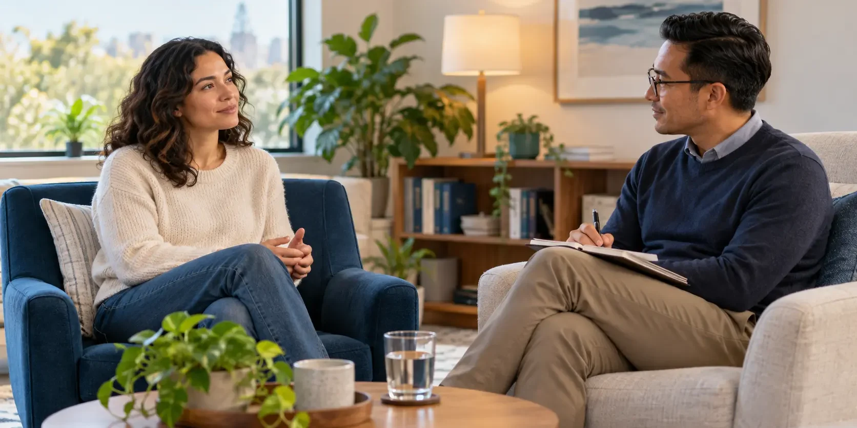 An adult client talks with a counselor in a calm office during an initial therapy session.