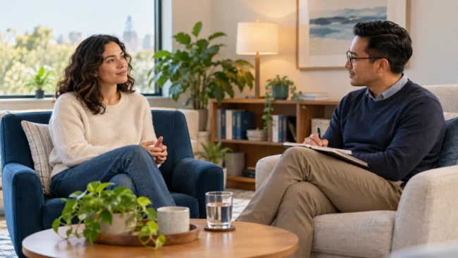 An adult client talks with a counselor in a calm office during an initial therapy session.