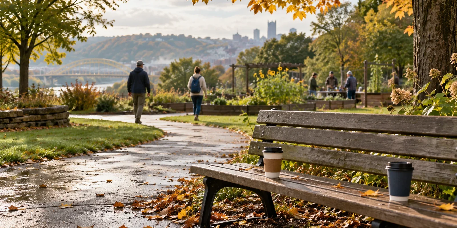 Friendship breakup grief Two coffee cups left on a park bench while people walk toward a community garden, a scene for friendship breakup grief