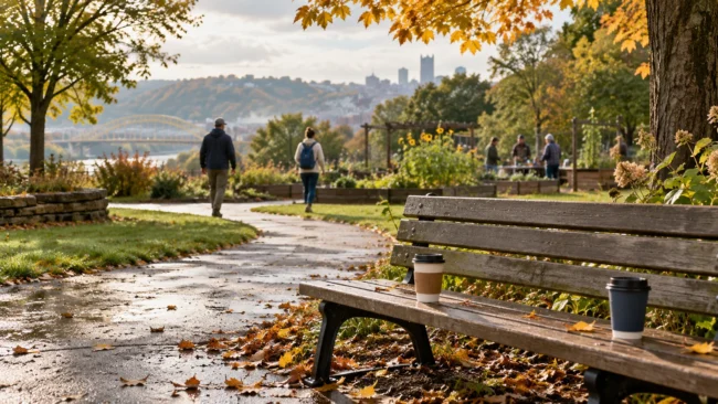 Two coffee cups left on a park bench while people walk toward a community garden, a scene for friendship breakup grief