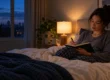 An adult writes in a notebook while sitting in bed beside a warm lamp at night.