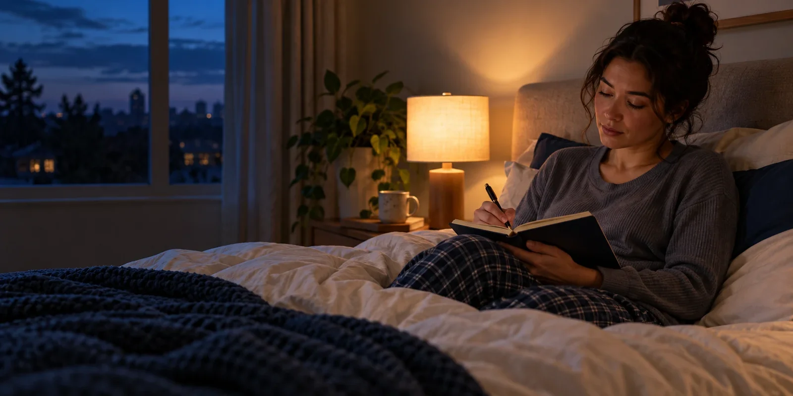 Nighttime anxiety: writing in a notebook at bedtime An adult writes in a notebook while sitting in bed beside a warm lamp at night.