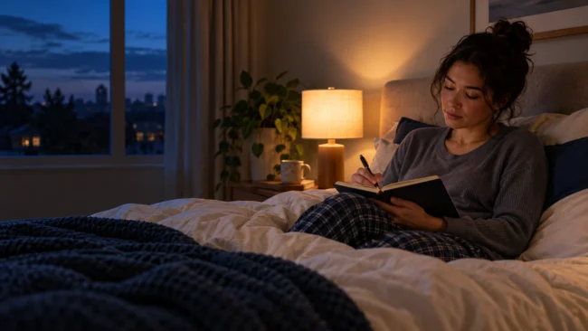 An adult writes in a notebook while sitting in bed beside a warm lamp at night.