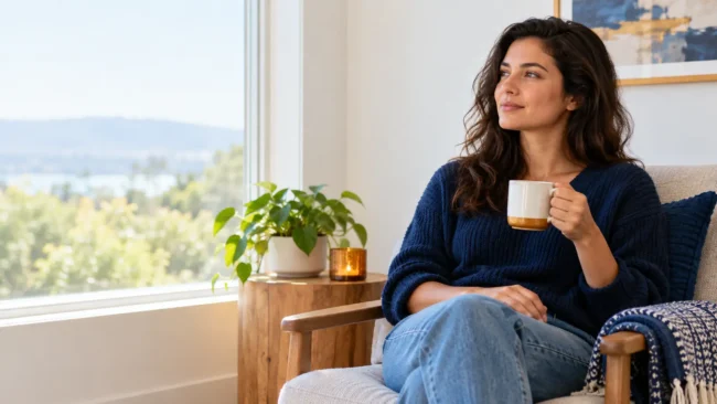 Calm woman holding a mug by a sunny window, representing support from panic attack counseling
