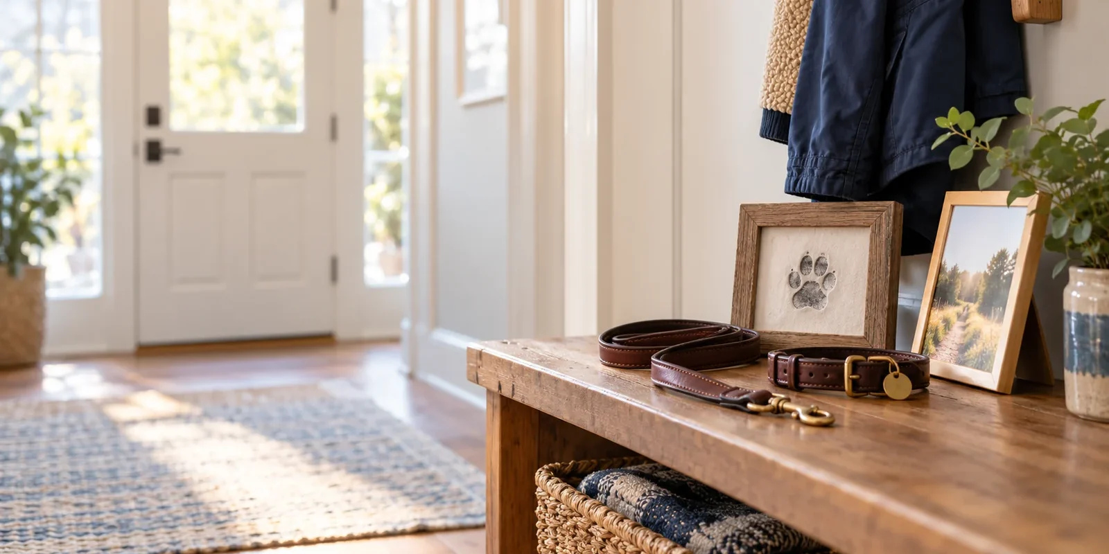 Pet loss grief support: leash and collar in a sunlit entryway Leash and collar beside a framed paw-print keepsake in a sunlit entryway.