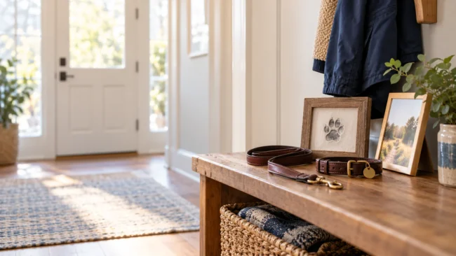 Leash and collar beside a framed paw-print keepsake in a sunlit entryway.