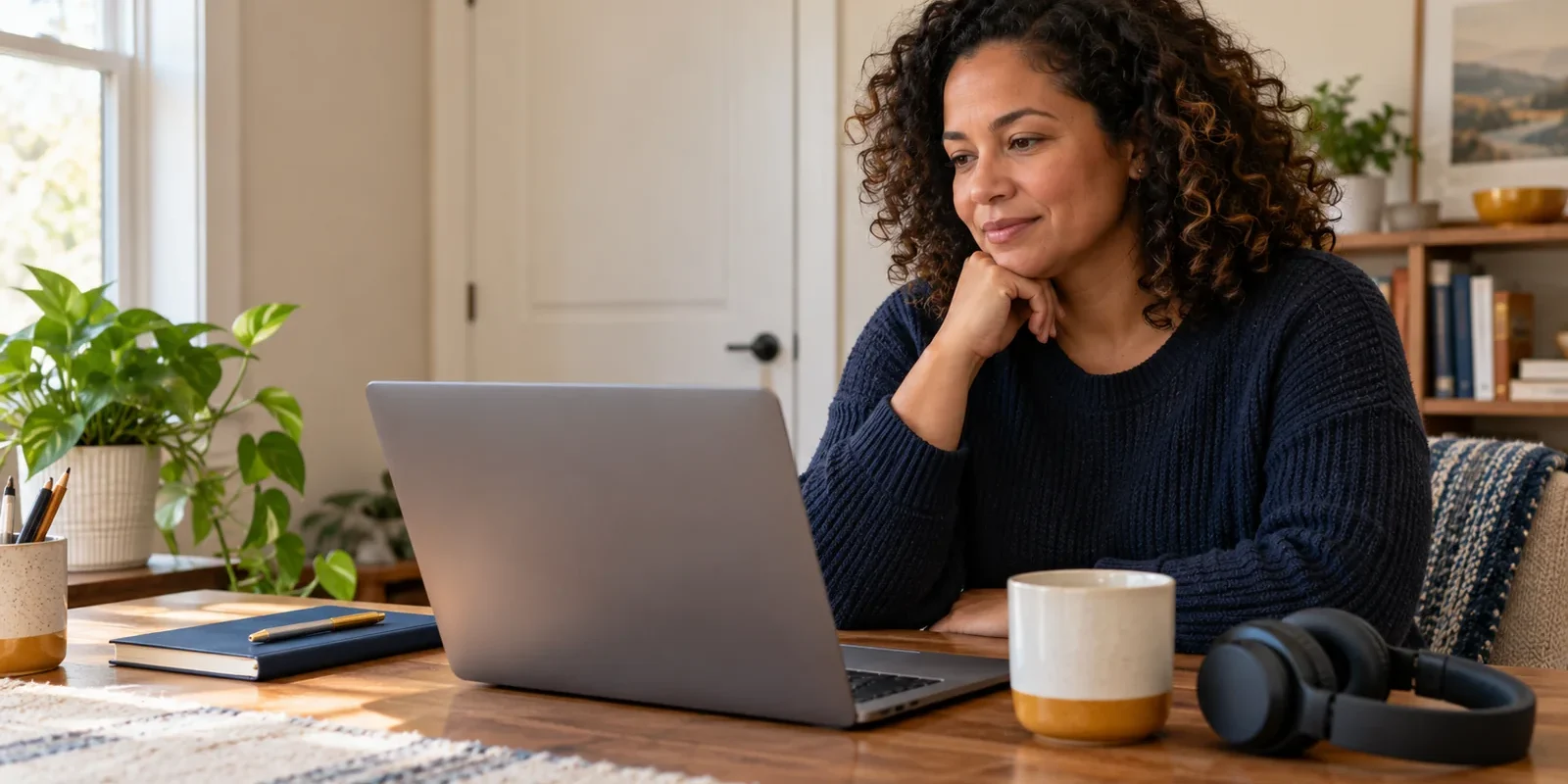 Adult at a home desk getting ready to prepare for online therapy, with a laptop, notebook, and headphones in a quiet room.