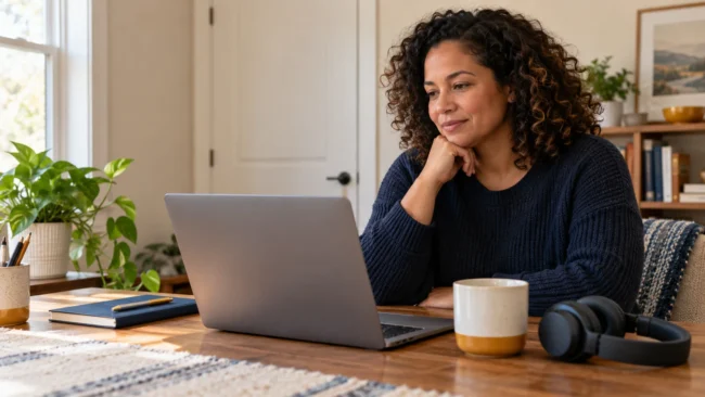 Adult at a home desk getting ready to prepare for online therapy, with a laptop, notebook, and headphones in a quiet room.
