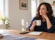 Woman at a kitchen table with a mug, a phone, and a notebook, pausing before setting boundaries without guilt.