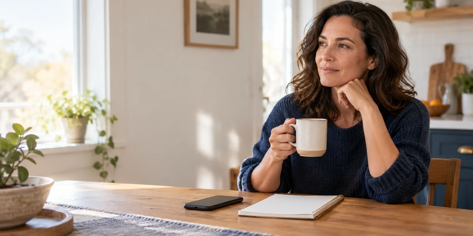 Setting Boundaries Without Guilt Woman at a kitchen table with a mug, a phone, and a notebook, pausing before setting boundaries without guilt.