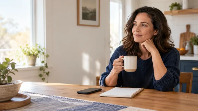 Woman at a kitchen table with a mug, a phone, and a notebook, pausing before setting boundaries without guilt.